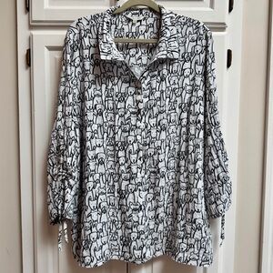 John Mark Black & White Dog & Cat Novelty Print Button Down Tunic Size 1X